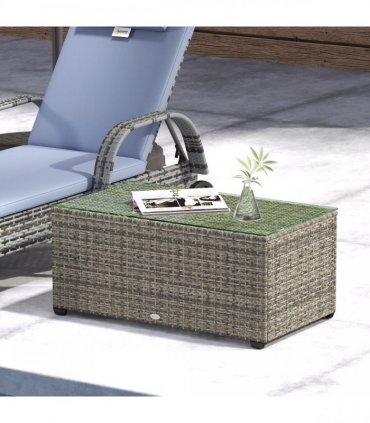 Outsunny Outdoor Coffee Table, Glass Top Rattan Side Table, Dark Grey