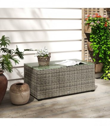 Outsunny Outdoor Coffee Table, Glass Top Rattan Side Table, Dark Grey