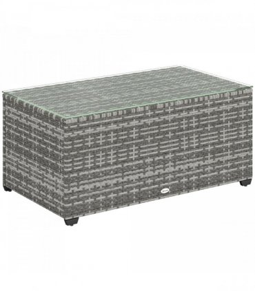 Outsunny Outdoor Coffee Table, Glass Top Rattan Side Table, Light Grey