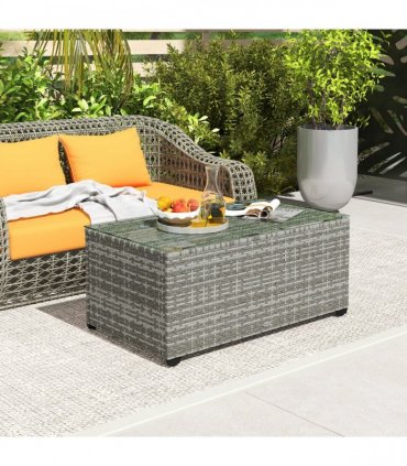 Outsunny Outdoor Coffee Table, Glass Top Rattan Side Table, Light Grey