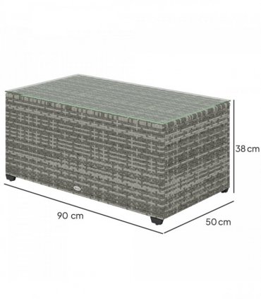 Outsunny Outdoor Coffee Table, Glass Top Rattan Side Table, Light Grey