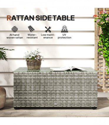 Outsunny Outdoor Coffee Table, Glass Top Rattan Side Table, Light Grey