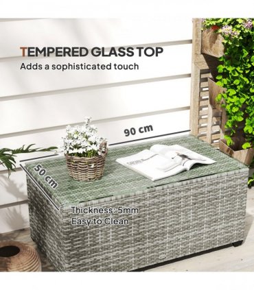 Outsunny Outdoor Coffee Table, Glass Top Rattan Side Table, Light Grey
