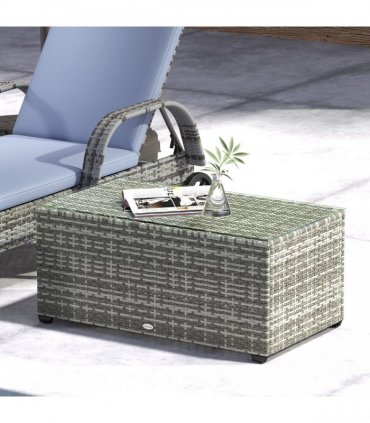 Outsunny Outdoor Coffee Table, Glass Top Rattan Side Table, Light Grey