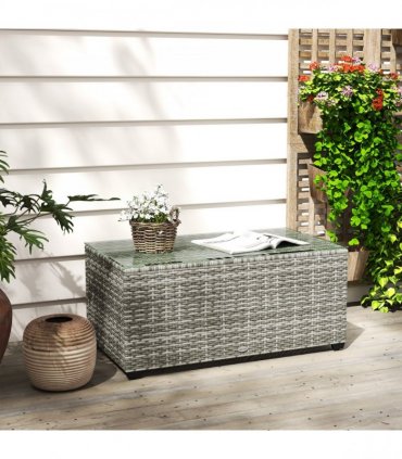 Outsunny Outdoor Coffee Table, Glass Top Rattan Side Table, Light Grey