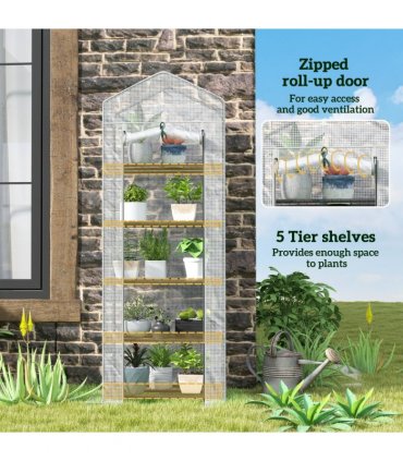Outsunny 5 Tier Mini Greenhouse Grow House w/ Roll Up Door, White/Grey