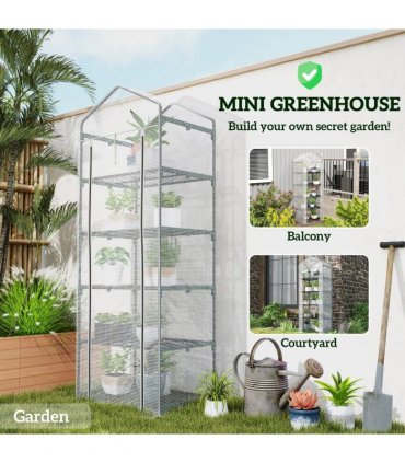 Outsunny 5 Tier Mini Greenhouse Grow House w/ Roll Up Door, White/Grey