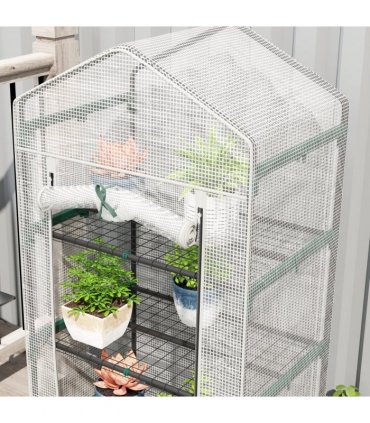 Outsunny 5 Tier Mini Greenhouse Grow House w/ Roll Up Door, White/Grey