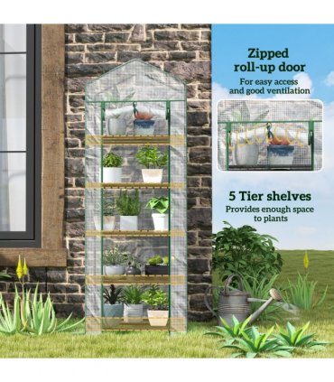 Outsunny 5 Tier Mini Greenhouse Grow House w/ Roll Up Door, White/Green