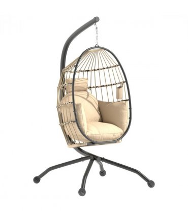 Outsunny Egg Chair Outdoor Indoor Garden Swing Chair, Folding Basket, Khaki