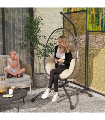 Outsunny Egg Chair Outdoor Indoor Garden Swing Chair, Folding Basket, Khaki