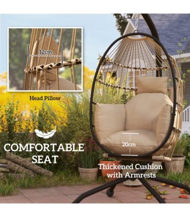 Outsunny Egg Chair Outdoor Indoor Garden Swing Chair, Folding Basket, Khaki