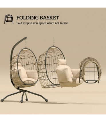Outsunny Egg Chair Outdoor Indoor Garden Swing Chair, Folding Basket, Khaki