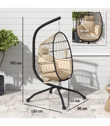 Outsunny Egg Chair Outdoor Indoor Garden Swing Chair, Folding Basket, Khaki