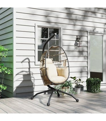 Outsunny Egg Chair Outdoor Indoor Garden Swing Chair, Folding Basket, Khaki