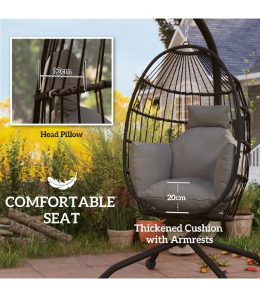 Outsunny Egg Chair Outdoor Indoor Garden Swing Chair, Folding Basket, Grey