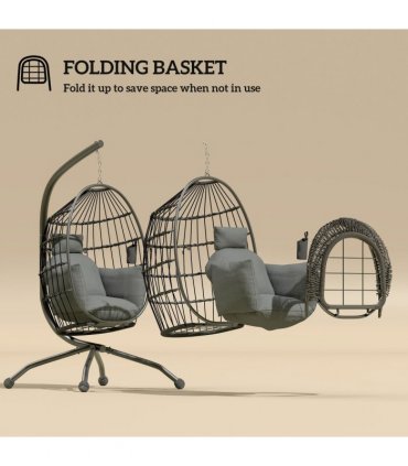 Outsunny Egg Chair Outdoor Indoor Garden Swing Chair, Folding Basket, Grey