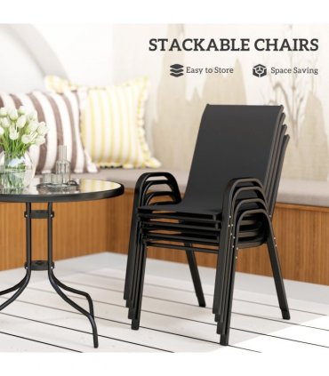 Outsunny 5 PCs Garden Furniture Set, Round Table and Stackable Chairs, Black