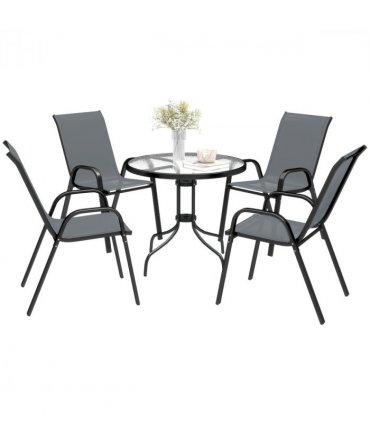 Outsunny 5 PCs Garden Furniture Set, Round Table and Stackable Chairs, Grey