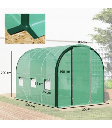 Outsunny Tunnel Greenhouse Upgraded Structure, Hinged Doors, 3 x 2(m), Green