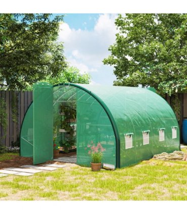 Outsunny Tunnel Greenhouse Upgraded Structure, Hinged Doors, 4 x 3(m), Green