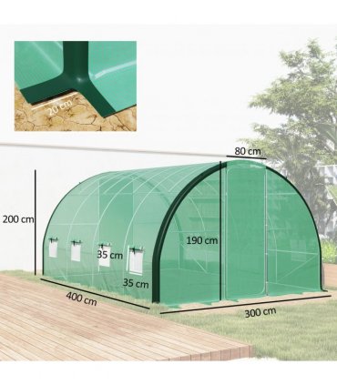 Outsunny Tunnel Greenhouse Upgraded Structure, Hinged Doors, 4 x 3(m), Green