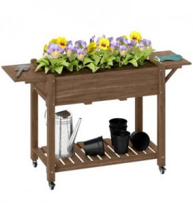 Outsunny Wooden Raised Planter with Lockable Wheels, Liner, Carbonised