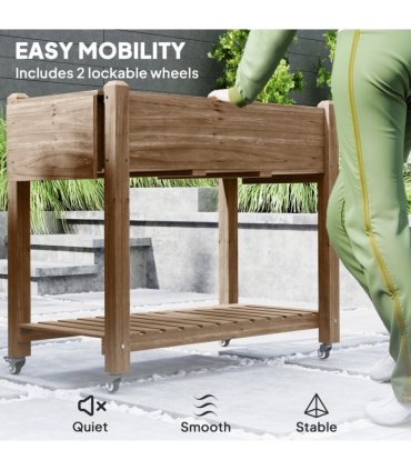 Outsunny Wooden Raised Planter with Lockable Wheels, Liner, Carbonised