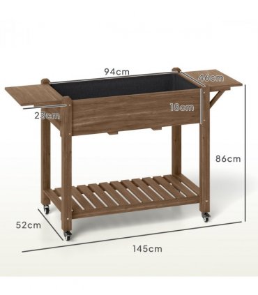 Outsunny Wooden Raised Planter with Lockable Wheels, Liner, Carbonised