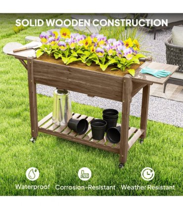 Outsunny Wooden Raised Planter with Lockable Wheels, Liner, Carbonised