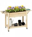 Outsunny Wooden Raised Planter with Lockable Wheels, Liner, Natural