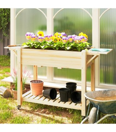 Outsunny Wooden Raised Planter with Lockable Wheels, Liner, Natural