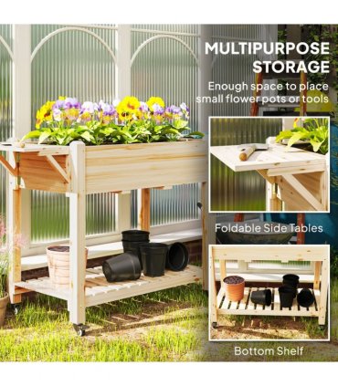 Outsunny Wooden Raised Planter with Lockable Wheels, Liner, Natural