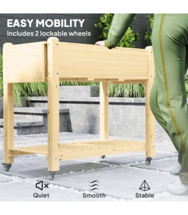 Outsunny Wooden Raised Planter with Lockable Wheels, Liner, Natural