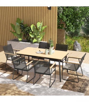 Outsunny 6 Seater Garden Dining Set with Cushions Rattan Backrest, Natural