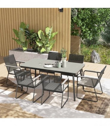 Outsunny 6 Seater Garden Dining Set with Cushions Rattan Backrest, Grey