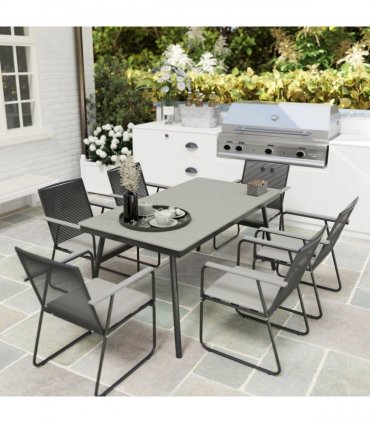 Outsunny 6 Seater Garden Dining Set with Cushions Rattan Backrest, Grey