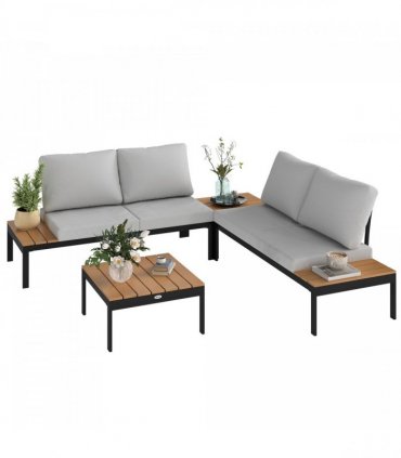 Outsunny 4 Seater Garden Corner Sofa Set with Removable Thick Cushions Teak