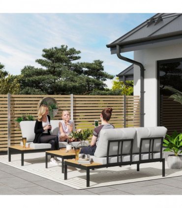 Outsunny 4 Seater Garden Corner Sofa Set with Removable Thick Cushions Teak