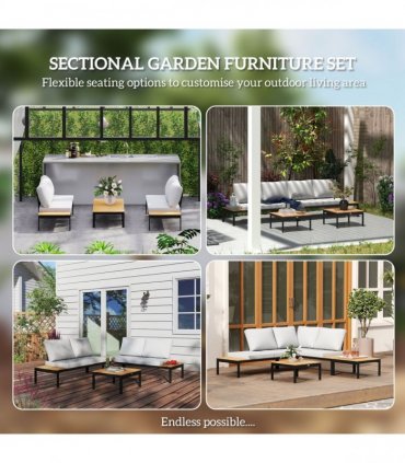 Outsunny 4 Seater Garden Corner Sofa Set with Removable Thick Cushions Teak
