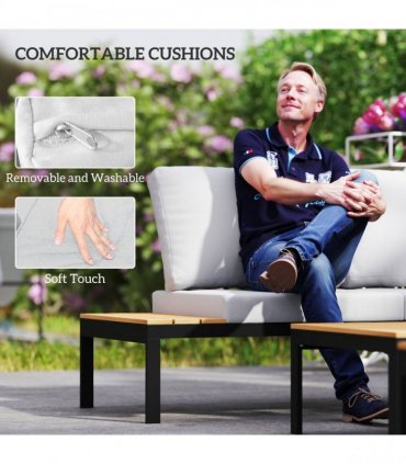 Outsunny 4 Seater Garden Corner Sofa Set with Removable Thick Cushions Teak