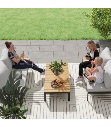 Outsunny 4 Seater Garden Corner Sofa Set with Removable Thick Cushions Teak