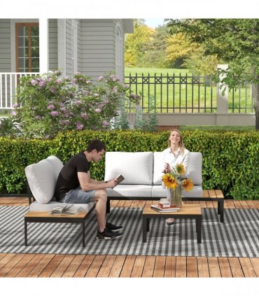 Outsunny 4 Seater Garden Corner Sofa Set with Removable Thick Cushions Teak