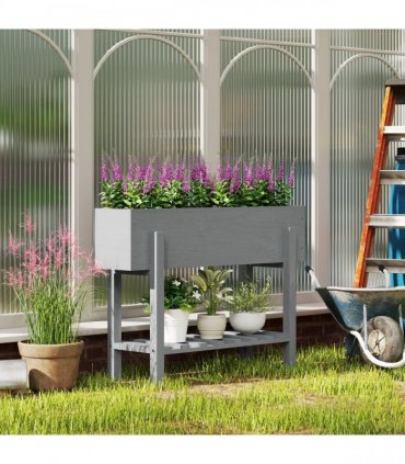 Outsunny Wooden Raised Bed w/ Bed Liner, Storage Shelf, Grey