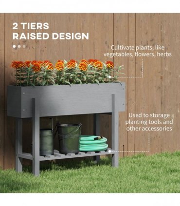 Outsunny Wooden Raised Bed w/ Bed Liner, Storage Shelf, Grey