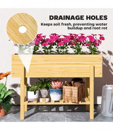 Outsunny Wooden Raised Bed w/ Bed Liner, Storage Shelf, Natural Wood Finish