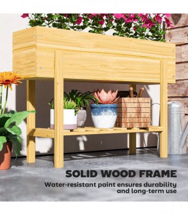 Outsunny Wooden Raised Bed w/ Bed Liner, Storage Shelf, Natural Wood Finish