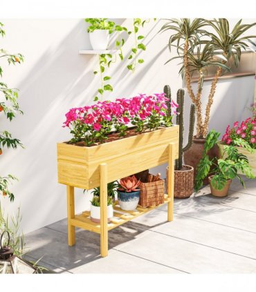 Outsunny Wooden Raised Bed w/ Bed Liner, Storage Shelf, Natural Wood Finish