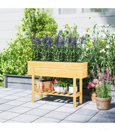 Outsunny Wooden Raised Bed w/ Bed Liner, Storage Shelf, Natural Wood Finish
