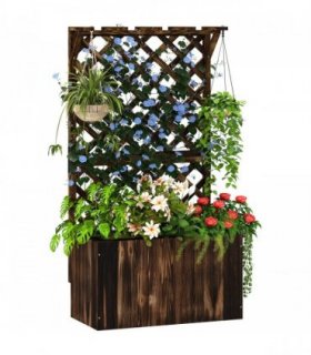Outsunny Wooden Planter with Trellis and Drainage Holes, Carbonised